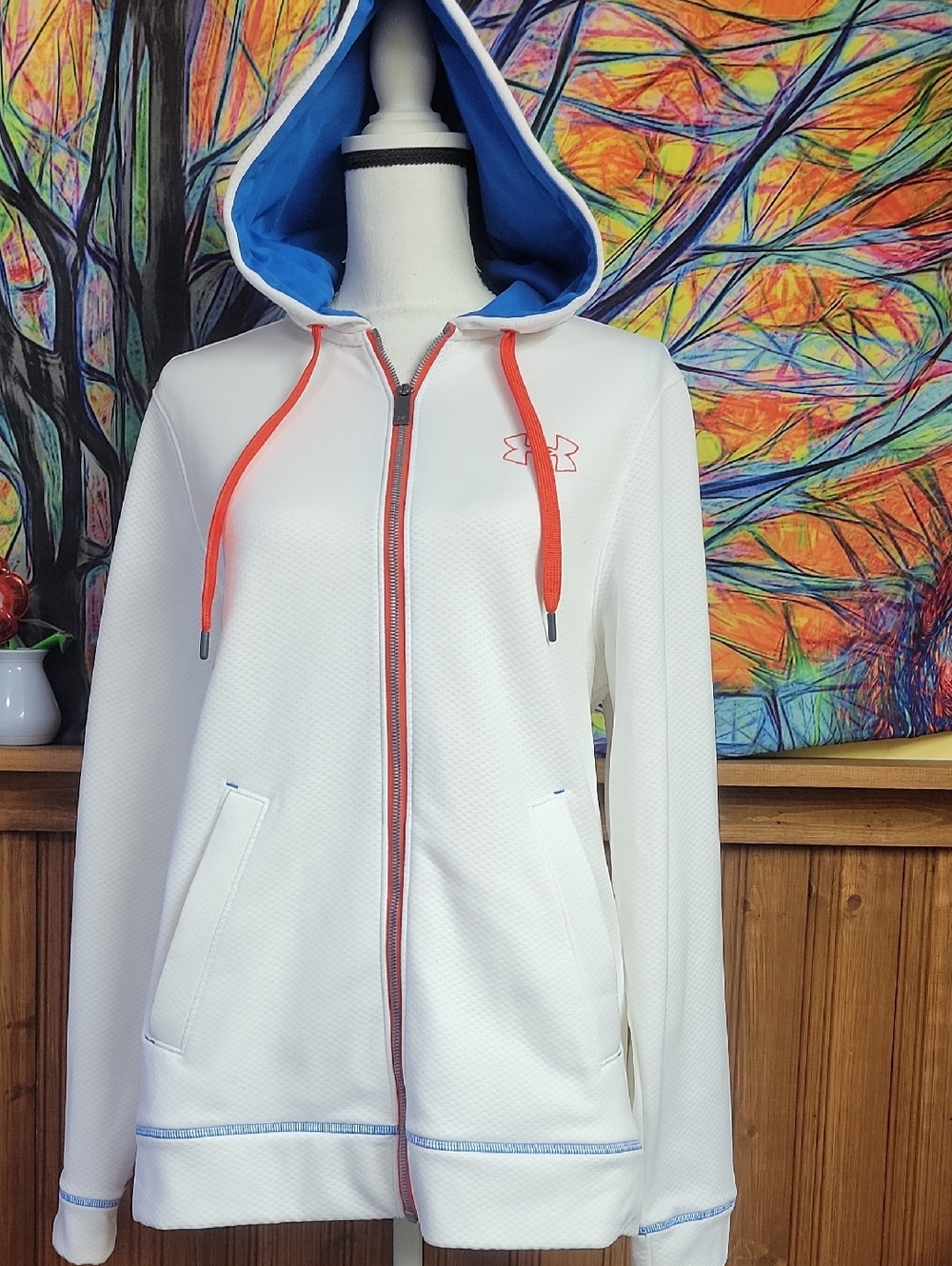 Under Armour White Hoodie with Blue Hood Lining and Orange Drawstrings